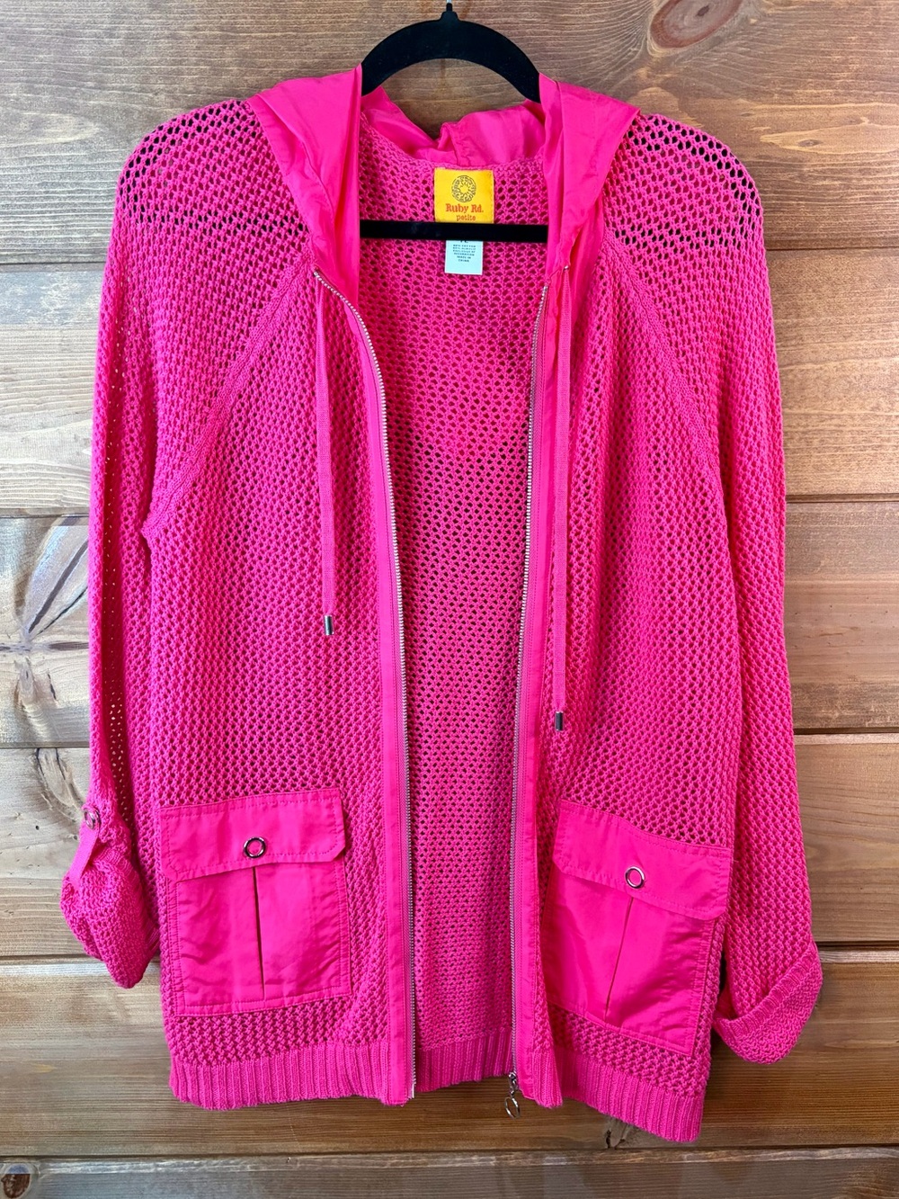 Ruby Rd. Women's Hot Pink Open-Knit Zip Hoodie Jacket Size Petite Large 💖